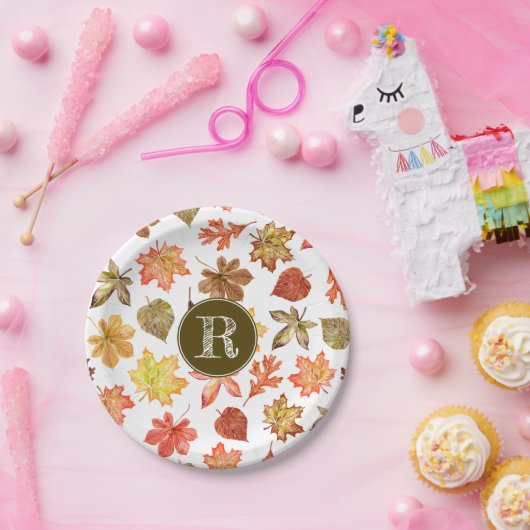 Kleurrijke waterverf val bladeren patroonmonogram papieren bordje (Feest)