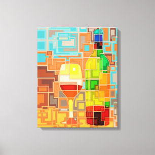 Kleurrijke Waterverf van een wijnflesje en glas Canvas Afdruk