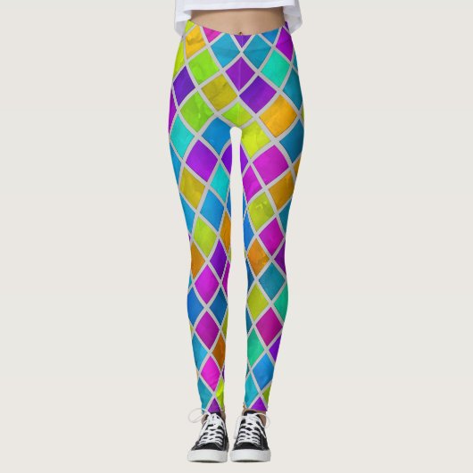 Kleurrijke Waterverf vierkantjes elke kleur raster Leggings (Voorkant)