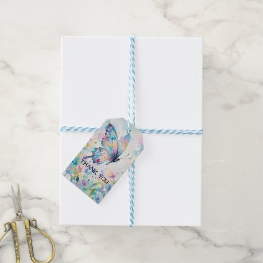 Kleurrijke Waterverf Vlinder Bloemig Cadeaulabel (Met Touw)
