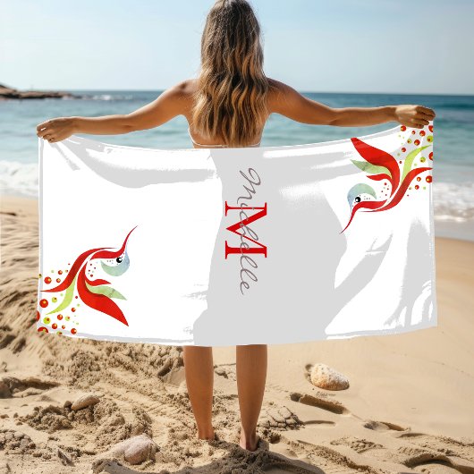 Kleurrijke Waterverf vogelmonogram op maat Strandlaken