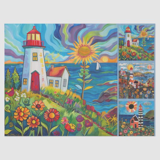 Kleurrijke Waterverf volkskunst lichthuizen Tissuepapier (Voorkant)