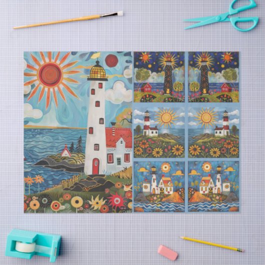 Kleurrijke Waterverf volkskunst lichthuizen Tissuepapier (Craft)