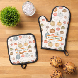 Kleurrijke waterverf wijnstokken pompoen patch ovenwant & pannenlap set