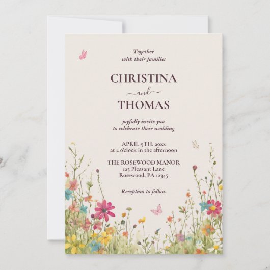 Kleurrijke Waterverf Wildbloemen Boho Beige bruilo Kaart (Voorkant)