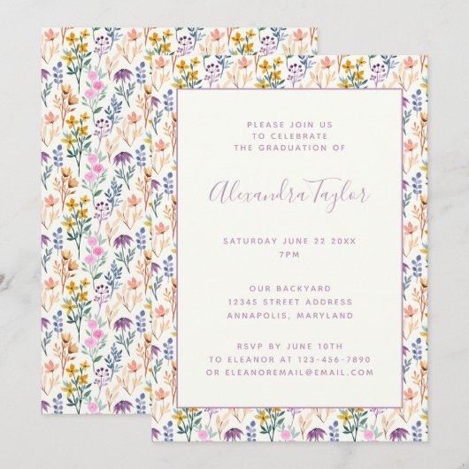 Kleurrijke Waterverf Wildbloemen GraduPartij Kaart (Voorkant / Achterkant)