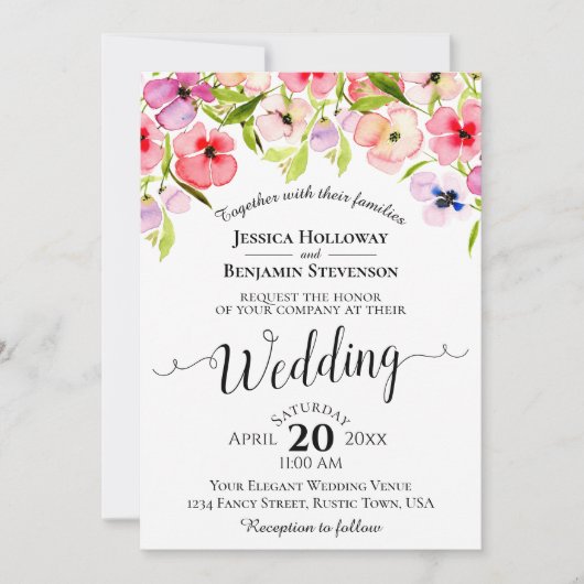 Kleurrijke Waterverf Wildbloemen Lentweduwschap Kaart (Voorkant)