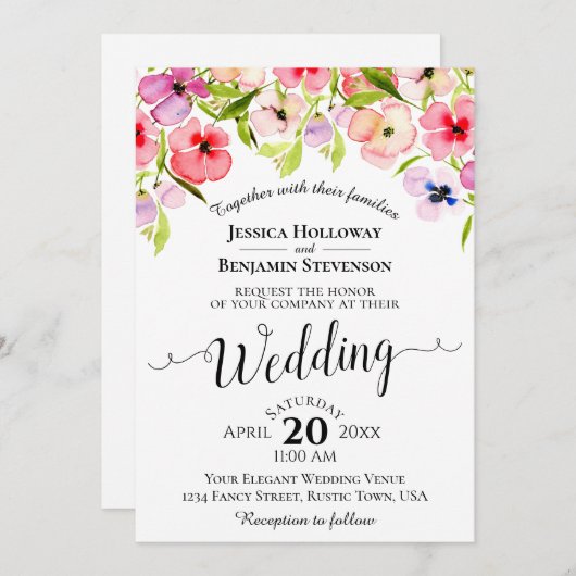 Kleurrijke Waterverf Wildbloemen Lentweduwschap Kaart (Voorkant / Achterkant)