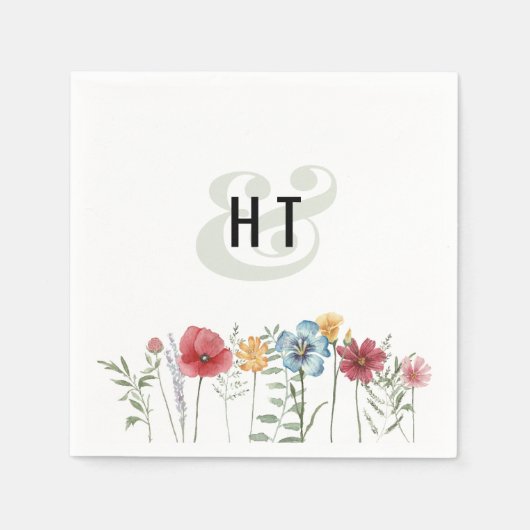 Kleurrijke Waterverf Wildbloemen Modern Monogram Servet (Voorkant)