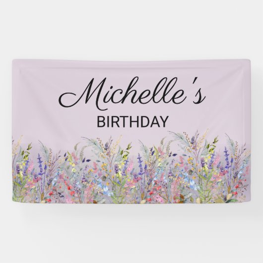 Kleurrijke Waterverf Wildbloemen Paarse verjaardag Spandoek (Horizontaal)