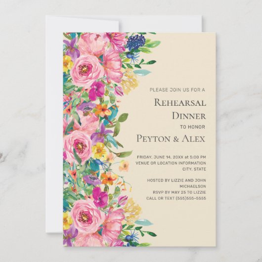 Kleurrijke Waterverf Wildbloemen repetitie Dinner Kaart (Voorkant)