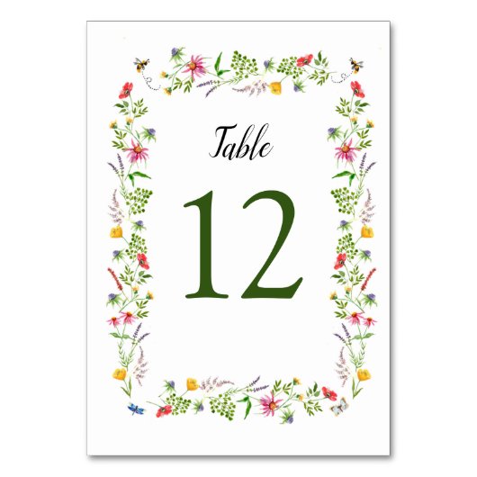 Kleurrijke waterverf Wildbloemen Tabelnummers Kaart (Voorkant)