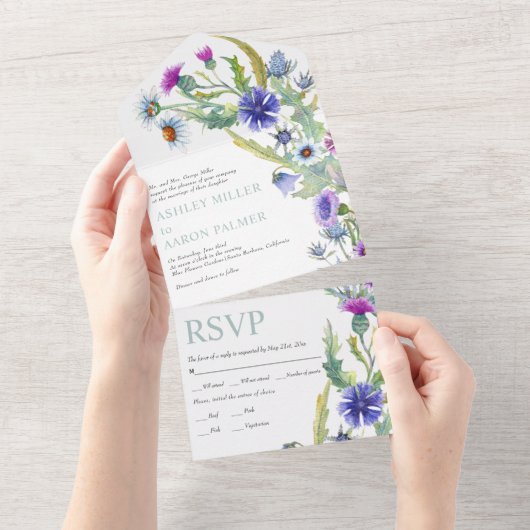 Kleurrijke waterverf wilde bloemen bloemenbruiloft all in one uitnodiging (Afscheurbaar)