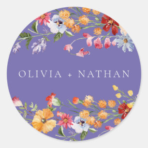 Kleurrijke Waterverf Wilde Bloemen Paarse Trouw Ronde Sticker