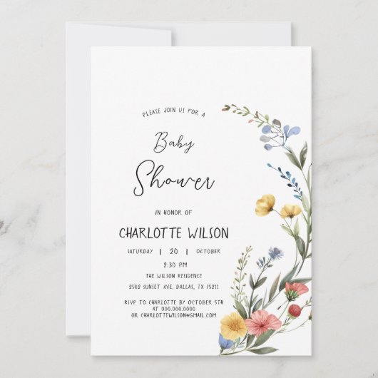 Kleurrijke Waterverf Wildflower Baby Meisje Douche Kaart (Voorkant)