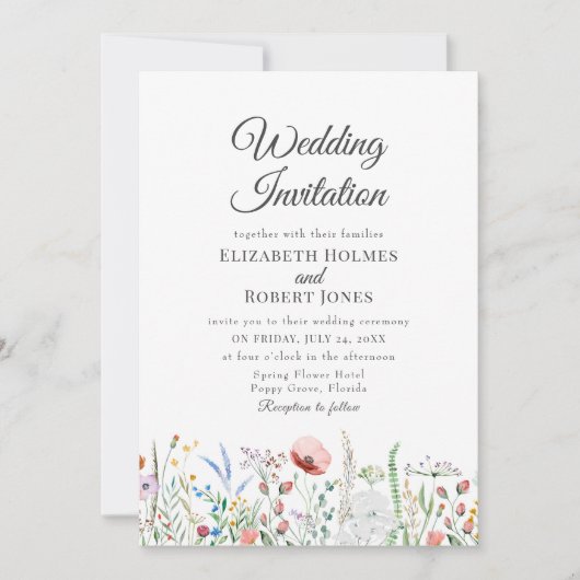 Kleurrijke Waterverf Wildflower bruiloft uitnodigi Kaart (Voorkant)