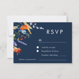 Kleurrijke Waterverf Wildflower Navy Bruiloft RSVP Kaartje
