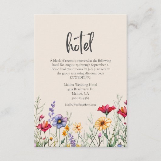 Kleurrijke Waterverf Wildflower Wedding Hotel Beig Informatiekaartje (Voorkant)