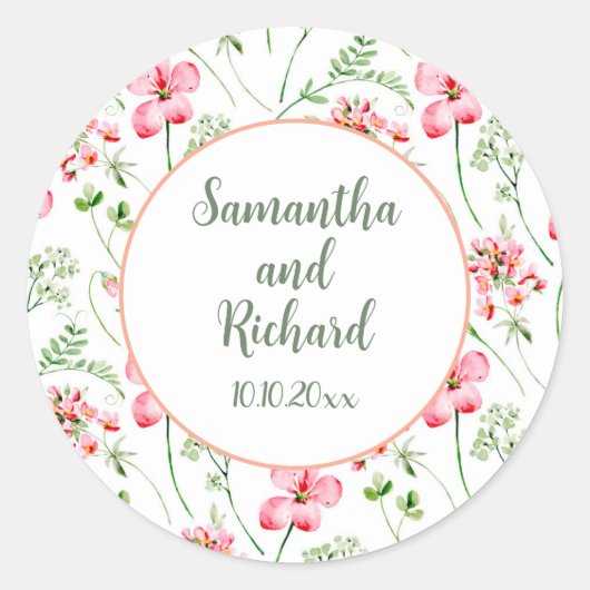 Kleurrijke Waterverf Wildflowers Bruiloft Ronde Sticker (Voorkant)