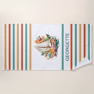 Kleurrijke Waterverf Zeailboat Monogramed Beach To Strandlaken