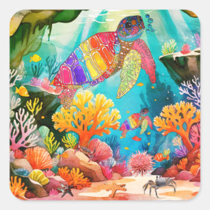 Kleurrijke Waterverf Zee Turtle Vierkante Sticker