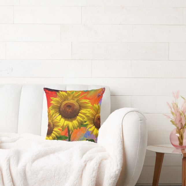Kleurrijke Waterverf - Zonnebloempje Kussen (Bank)