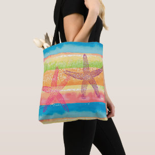Kleurrijke waterverfstrepen en zeesterren tote bag