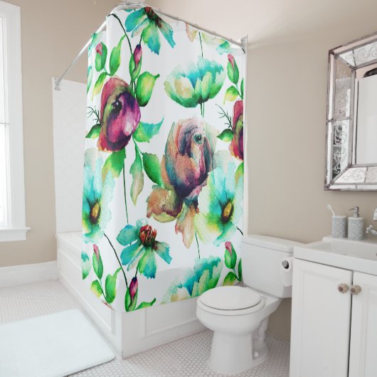 Kleurrijke Waterverven Bloemen Naadloos Patroon Douchegordijn (In situ)