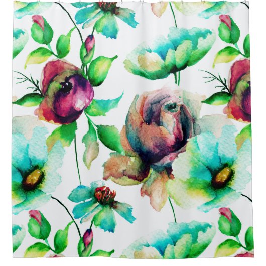 Kleurrijke Waterverven Bloemen Naadloos Patroon Douchegordijn (Voorkant)