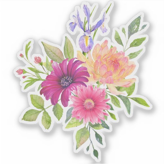 Kleurrijke Waterverven Bloemen Rustiek Boeket Sticker (Voorkant)