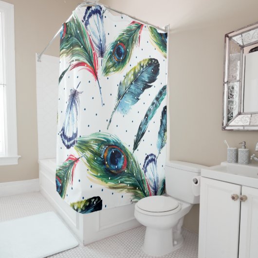 Kleurrijke Waterverven Boho Feathers Illustratie Douchegordijn (In situ)