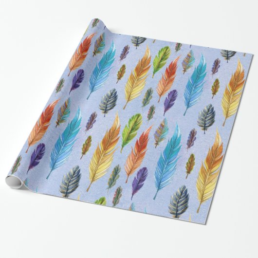 Kleurrijke Waterverven Boho Feathers Pattern Cadeaupapier (Uitgerold)