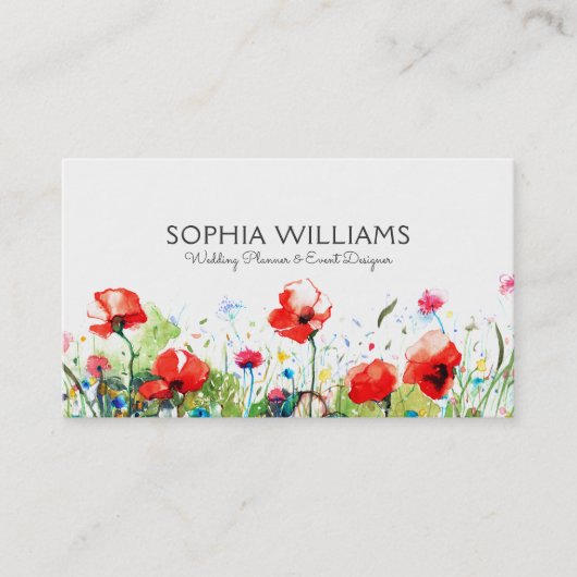 Kleurrijke Waterverven Flowers & Red Poppies Visitekaartje (Voorkant)