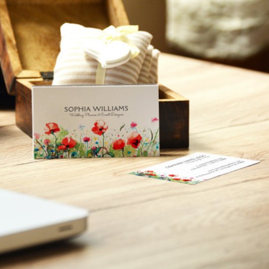 Kleurrijke Waterverven Flowers & Red Poppies Visitekaartje