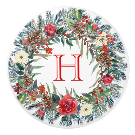 Kleurrijke waterverven Kerstkrans Keramische Knop (Voorkant)