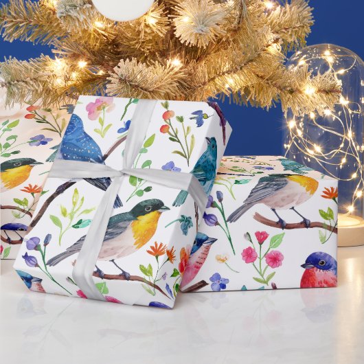 Kleurrijke waterverven vogels en bloemenpatroon cadeaupapier (Feestdagen)