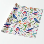Kleurrijke waterverven vogels en bloemenpatroon cadeaupapier (Uitgerold)