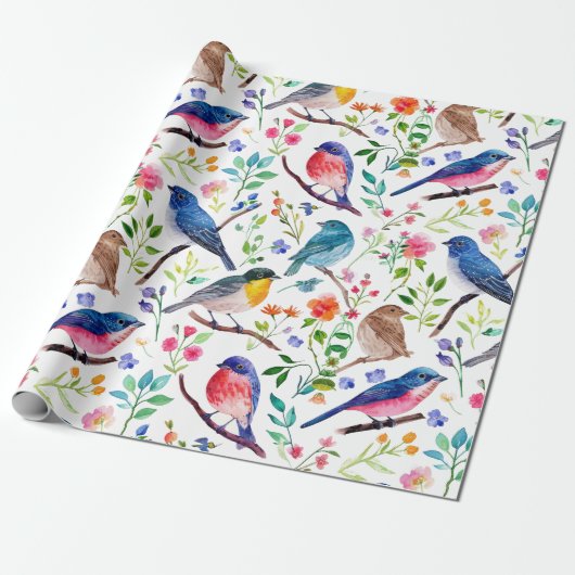 Kleurrijke waterverven vogels en bloemenpatroon cadeaupapier (Uitgerold)