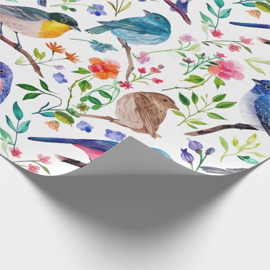Kleurrijke waterverven vogels en bloemenpatroon cadeaupapier (Hoek)