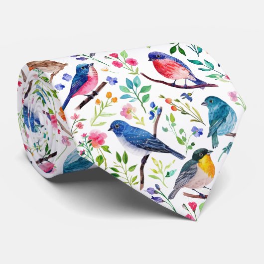 Kleurrijke waterverven vogels en bloemenpatroon stropdas (Opgerold)