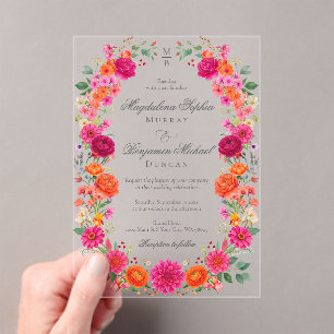 Kleurrijke Weelderige Roze & Oranje Bloemrijke Tui Acryl Uitnodigingen