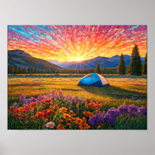 Kleurrijke Weide Bloemen Kampeer Tent Kunst Poster