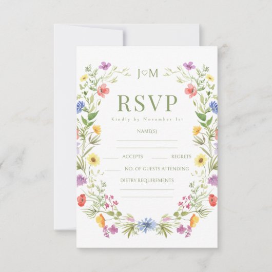 Kleurrijke weide bloemenwilde bloem rustieke bruil RSVP kaartje (Voorkant)