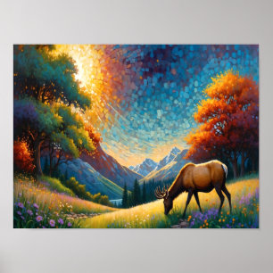 Kleurrijke weide eland met bloemen kunst poster