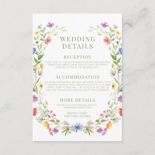 Kleurrijke weide wildflower tuin bruiloft details informatiekaartje (Voorkant)
