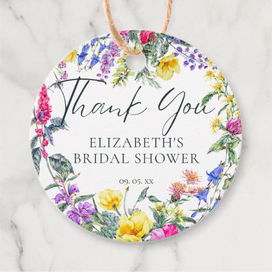Kleurrijke weidebloemen bloemencalligrafie bedankjes labels (Voorkant)