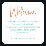 Kleurrijke Welkom Gift Bag Mand Wedding Vierkante Sticker<br><div class="desc">Deze leuke en kleurrijke,  verbrande rode en turkooisblauwe welkomststicker,  geplaatst op je welkomsttas of mand in hun accommodatie,  is een mooie manier om je gasten uit de stad te bedanken voor de reis die ze moesten maken om naar je bruiloft te komen. Overeenkomende kantoorbenodigdheden en beschikbare partijbenodigdheden.</div>