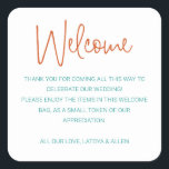 Kleurrijke Welkom Gift Bag Mand Wedding Vierkante Sticker<br><div class="desc">Deze leuke en kleurrijke,  verbrande rode en turkooisblauwe welkomststicker,  geplaatst op je welkomsttas of mand in hun accommodatie,  is een mooie manier om je gasten uit de stad te bedanken voor de reis die ze moesten maken om naar je bruiloft te komen. Overeenkomende kantoorbenodigdheden en beschikbare partijbenodigdheden.</div>