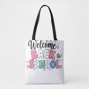 Kleurrijke welkom terug naar school tekst met deco tote bag