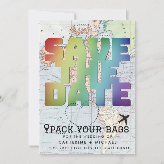 Kleurrijke Wereldkaart bestemming bruiloft bespaar Save The Date (Voorkant)